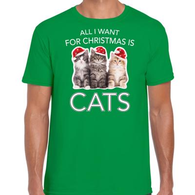 Kitten Katjes Kersttrui t-shirt - All i want for Christmas is cats - groen - voor heren - kleding