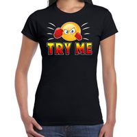 Funny emoticon t-shirt Try me zwart voor dames