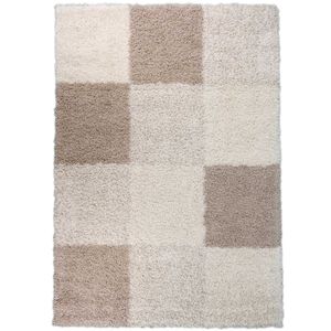 Hoogpolige vloerkleed shaggy plus 910 cream blokken patroon 5 cm poolhoogte 80x150 cm