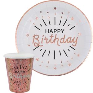 Verjaardag feest bekertjes/bordjes happy birthday - 20x - rose goud - karton - Feestpakketten