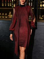 Women's Black Mesh Contrast Pearl Sleeve Bodycon Midi Dress Burgundy / XL