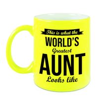 Worlds Greatest Aunt / tante cadeau koffiemok / theebeker neon geel 330 ml - thumbnail