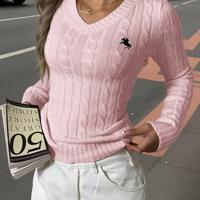 Bon&Bon Women's V-Neck Cable-Knit Sweater - Slim Fit Beige Pullover Pink / L