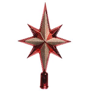 Kunststof glitter ster piek/kerstboom topper rood 25,5 cm   -