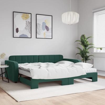 Slaapbank onderschuifbed matrassen 90x200cm fluweel donkergroen