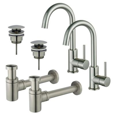 Fortifura Calvi Wastafelkraanset - voor dubbele wastafel - hoge wastafelkraan - draaibare uitloop - klikwaste plug - verlaagde design sifon - Geborsteld RVS PVD (RVS) 2x SW809348/2x SW696201/2x SW696217