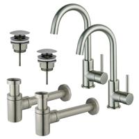 Fortifura Calvi Wastafelkraanset - voor dubbele wastafel - hoge wastafelkraan - draaibare uitloop - klikwaste plug - verlaagde design sifon - Geborsteld RVS PVD (RVS) 2x SW809348/2x SW696201/2x SW696217