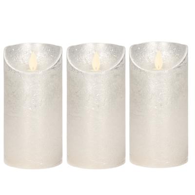 Led kaars/stompkaars - 3x - zilver - H15 x D7,5 cm - wax - warm wit licht - bewegende vlam