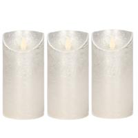 Led kaars/stompkaars - 3x - zilver - H15 x D7,5 cm - wax - warm wit licht - bewegende vlam