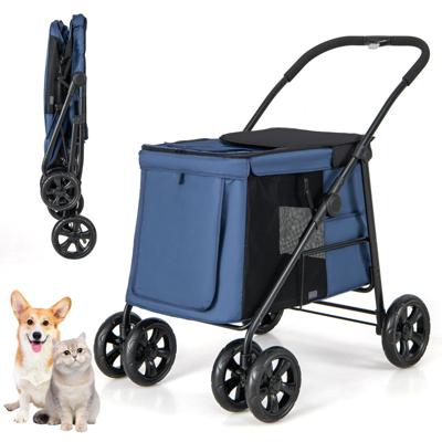 Kinderwagen voor Kleine en Middelgrote Huisdieren met Ademend Gaas Dakraam Opbergvakken Opvouwbaar met één Knop Marineblauw
