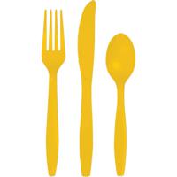 Feest bestek setje - 18-delig - herbruikbaar kunststof - geel - messen/vorken/lepels   -