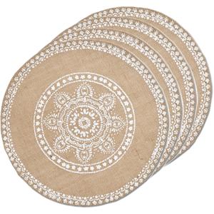 4x placemats met mandala print - jute look stof - rond - D38 cm