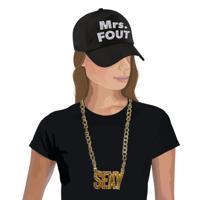 Foute party Mrs. FOUT verkleed set - pet zwart/zilver - voor dames - met een plastic sexy ketting