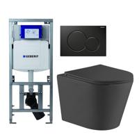 QeramiQ Dely Toiletset - Geberit UP320 Burda inbouwreservoir - zwart glanzende bedieningsplaat - toilet - zitting - mat zwart 0701131/0700524/SW1000768/SW1026253