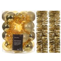 Kerstversiering set - goud - kerstballen 6 cm en kerstslingers - kunststof - thumbnail