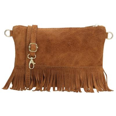 Charm London Suède Schoudertasje met Franjes Elisa Cognac