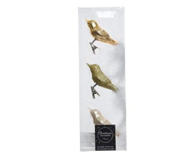 3 Glazen vogels op clip gouden mix - Decoris