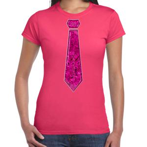 Verkleed t-shirt voor dames - stropdas roze - pailletten - roze - carnaval - foute party