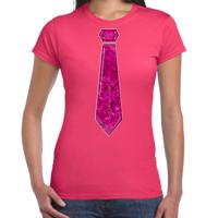 Verkleed t-shirt voor dames - stropdas roze - pailletten - roze - carnaval - foute party - thumbnail