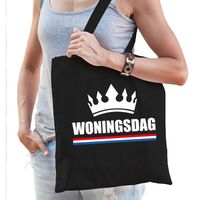 Woningsdag tas / shopper zwart katoen met witte tekst en kroon voor dames - Feest Boodschappentassen