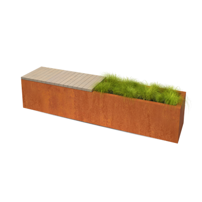 Florisa Rechthoekige cortenstaal plantenbak met Padouk zitbank L200 x B40 x H42 cm - Geroba