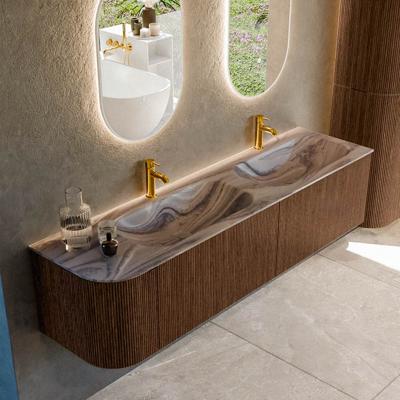 Badmeubel Mondiaz Kurve-Dlux | 175 cm | Meubelkleur Walnut | Wastafelkleur Sombra | Solid surface | Dubbel / Rechts spoelbak | 2 kraangaten
