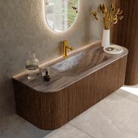Badmeubel Mondiaz Kurve-Dlux | 130 cm | Meubelkleur Walnut | Wastafelkleur Oza | Solid surface | Wasbak midden spoelbak | 1 kraangat
