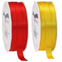 2x rollen satijn sierlint/cadeaulint - geel en rood - 1 cm x 25m p/rol