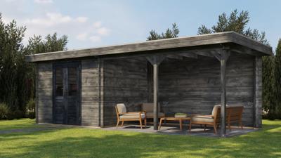 Lugarde Select Blokhut met overkapping Zandvoort 300x250cm + 400cm - Keteldruk Grijs- Plat dak- - Lugarde Select