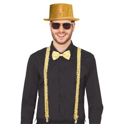 Carnaval verkleed set - goud - hoed/bretels/party bril/strik- volwassenen/unisex - feestkleding