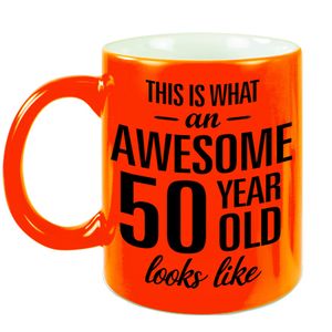 Awesome 50 year cadeau mok / beker neon oranje 330 ml   -