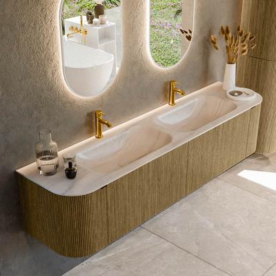 Badmeubel Mondiaz Kurve-Dlux | 190 cm | Meubelkleur Dusk | Wastafelkleur Meli | Solid surface | Wasbak beide zijden spoelbak | 2 kraangaten