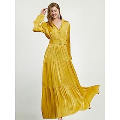 Dames Feestjurk Satijnen Jurk Bruiloft gast jurk Lange jurk maxi-jurk Geel Lange mouw Effen Heldere kleur Ruche nappi Met riem Lente Herfst Winter Overhemdkraa