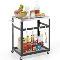 Grillkar met 2 Niveaus van Roestvrij Staal Buitenkar met 4 Haken Multifunctionele Kar met Wielen en Handvat Werktafel Zilver