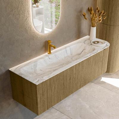 Badmeubel Mondiaz Kurve-Dlux | 145 cm cm | Meubelkleur Dusk | Wastafelkleur Glace | Solid surface | Wasbak links zijde spoelbak | 1 kraangat