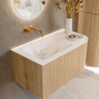 Mondiaz KURVE-DLUX 85 cm Onderkast Greeploos 1 Lade Met Deuren Oak, Wastafel Solid Surface Links Frappe 0 Kraangaten Zonder Spiegel (KRVCLO85R1L1D0KL-Oak/Fra)