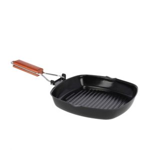 Zwarte grillpan koekenpan 25 cm met anti-aanbak laag en houten handvat