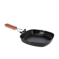 Zwarte grillpan koekenpan 25 cm met anti-aanbak laag en houten handvat - thumbnail