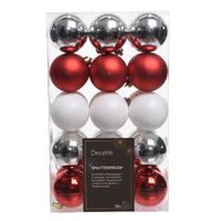 Kerstballen - 30x - kunststof - rood/wit parelmoer/zilver - 6 cm