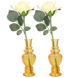 Bloemenvaas Venice - 2x - voor kleine stelen/boeketten - gekleurd glas - ribbel okergeel - D5,7 x H1