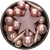 Set van 33x stuks kunststof kerstballen met ster piek lichtroze (blush pink) mix