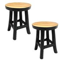 VD Leeden plantverhoger set - teak hout - zwart - H17 + H27 cm - krukje