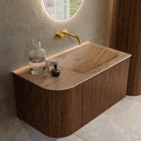 Badmeubel Mondiaz Kurve-Dlux | 85 cm | Meubelkleur Walnut | Wastafelkleur Arena | Solid surface | Wasbak rechter zijde spoelbak | Zonder kraangat(en)