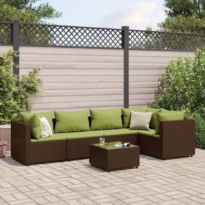6-delige Loungeset met kussens poly rattan bruin