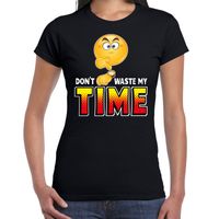 Funny emoticon t-shirt dont waste my time zwart voor dames - thumbnail