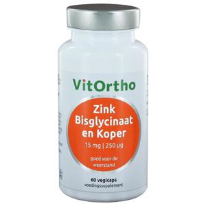 VitOrtho Zink bisglycinaat 15 mg en koper 250 mcg (60 vcaps)