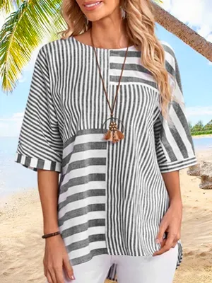 Crew Neck Vacation Striped Short Sleeve T-Shirt Crew Neck Vacation Striped Short Sleeve T-Shirt