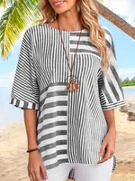 Crew Neck Vacation Striped Short Sleeve T-Shirt - thumbnail