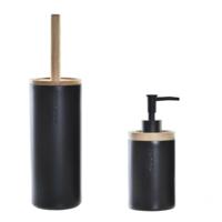 Toiletborstel met houder 38 cm en zeeppompje 300 ml polystone/hout - Badkameraccessoireset - thumbnail