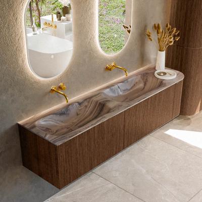 Badmeubel Mondiaz Kurve-Dlux | 175 cm | Meubelkleur Walnut | Wastafelkleur Sombra | Solid surface | Dubbel / Links spoelbak | Zonder kraangat(en)